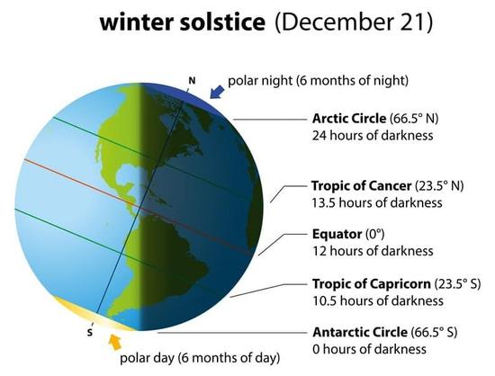 Color illustration of the earth showing the earth at a tilt with the following things labeled: polar night, Artic Circle, Propic of Cancer, Equator, Tropic of Capricorn, Antartic Circle, and polar day. Additional wording at the top reads "winter solstice (December 21)"