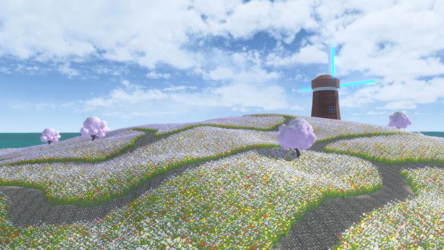 A VRChat world with a field of flowers and a windmill in the distance.