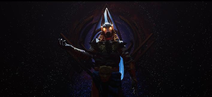 Screenshot of a VRChat Anubis character surrounded by stars.