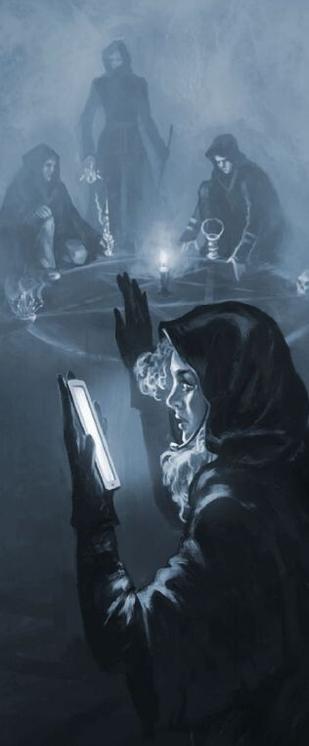 "Coven of witches at the ritual involving a smartphone"