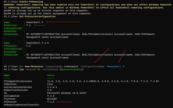 Screen capture showing running Enable-PSRemoting, then getting configuration names and creating a session to a #PowerShell7 end point. Finally, run a command inside the session to confirm the #PowerShell version of the endpoint.