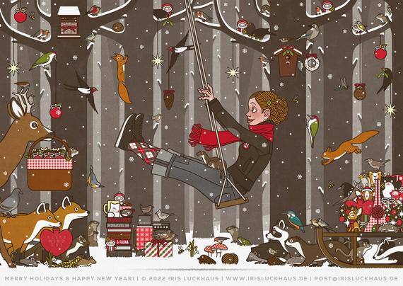 Illustration von Lily Lux beim Feiern im Wald mit ihrer neuen Schaukel (ein Weihnachtsgeschenk)! Auf ihrem Schlitten und im Picknickkorb hat sie Futterknödel und Ringe, Äpfel und Tannenzapfen für die Tiere des Waldes mitgebracht, wie Rehe, Füchse, Waschbären, Dachse, Marder, Wiesel, Eichhörnchen, Siebenschläfer, Mäuse, Murmeltiere, Maulwürfe, Salamander, Frösche, Falken, Eichelhäher, Elstern, Tauben, Spechte, Amseln, Nachtigall, Rotkehlchen, Kohlmeise, Haubenmeise, Stieglitz, Dompfaff, Eisvogel, Wintergoldhähnchen, Buchfink, Spatz, Zaunkönig, Hummel, Libelle und Mauswiesel, sowie hübsch verpackte Geschenke, Schokoladenweihnachtsmänner und Kekse für ihre menschlichen Freunde und jede Menge Glücksklee für ein fantastisches neues Jahr! Die Tiere sind schon ungeduldig am Dekorieren und naschen die ersten Leckereien, während Lily nicht aufhören kann zu schaukeln, weil es sie so glücklich macht. Fröhliche Feiertage!