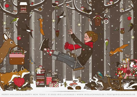 Illustration von Lily Lux beim Feiern im Wald mit ihrer neuen Schaukel (ein Weihnachtsgeschenk)! Auf ihrem Schlitten und im Picknickkorb hat sie Futterknödel und Ringe, Äpfel und Tannenzapfen für die Tiere des Waldes mitgebracht, wie Rehe, Füchse, Waschbären, Dachse, Marder, Wiesel, Eichhörnchen, Siebenschläfer, Mäuse, Murmeltiere, Maulwürfe, Salamander, Frösche, Falken, Eichelhäher, Elstern, Tauben, Spechte, Amseln, Nachtigall, Rotkehlchen, Kohlmeise, Haubenmeise, Stieglitz, Dompfaff, Eisvogel, Wintergoldhähnchen, Buchfink, Spatz, Zaunkönig, Hummel, Libelle und Mauswiesel, sowie hübsch verpackte Geschenke, Schokoladenweihnachtsmänner und Kekse für ihre menschlichen Freunde und jede Menge Glücksklee für ein fantastisches neues Jahr! Die Tiere sind schon ungeduldig am Dekorieren und naschen die ersten Leckereien, während Lily nicht aufhören kann zu schaukeln, weil es sie so glücklich macht. Fröhliche Feiertage!
