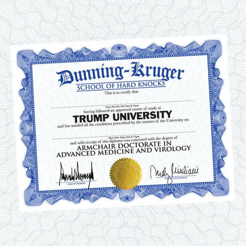 Picture of a fake 'diploma' from Dunning Kruger School of Hard Knocks for an Advanced Medicine and Virology Armchair Doctorate signed by some idiots from Trump University.