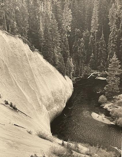 Bend in Upper Rogue River stream course and adjacent pumice exposure in eroded bank.  Black and white photo from 1984.