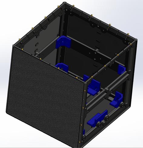 CAD model showing the interior construction of an LED cube. The LED matrix panels are attached to frames and these are joined together with blue 3D printed brackets.