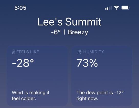 Screenshot of Apple Weather app at 17:05. Lee’s Summit, -6°F and breezy. Feels like temperature is -28°. Humidity is 73% and dew point is -12°.