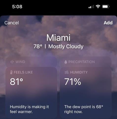 Miami, FL. 78°F and mostly cloudy. Feels like 81°, humidity 71%, and dew point is 68°.