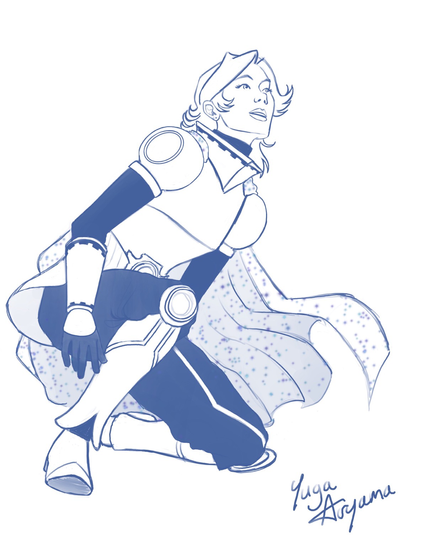 Aoyama Yuuga, from BNHA. He is mid movement, crouching on one knee, hair and cloak flying as he looks up with a startled expression.
