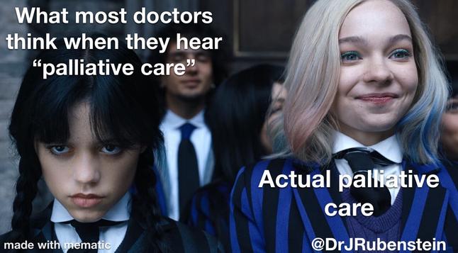 Wednesday Addams and Enid. Says what most doctors think when they hear palliative care over wednesday. Says actual palliative care under enid