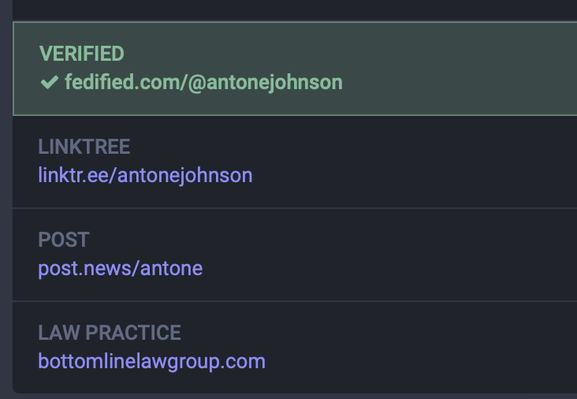 Partial screen shot of Mastodon profile showing one link "verified" and the others not.