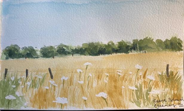 Watercolor painting of a golden field with white flowers in the foreground and some trees in the distance.