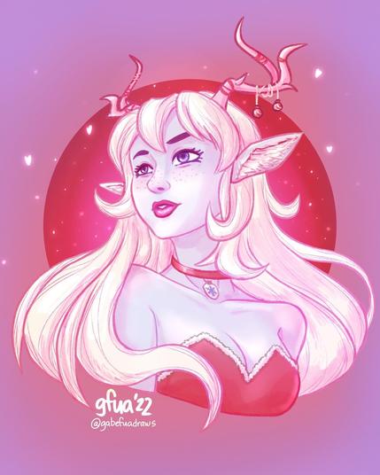 A fantasy snow deer girl character dressed in red.