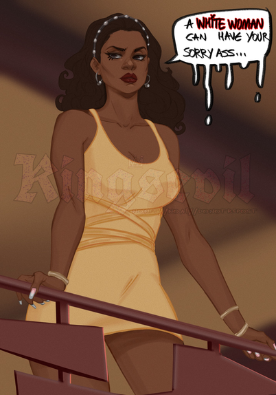 An illustration of Lela Rachon as Robin Staples in a scene from Waiting to Exhale. She is saying to Troy, not shown, "A white woman can have your sorry ass"