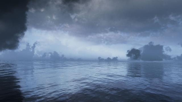A VRChat screenshot of the sea and dark clouds.