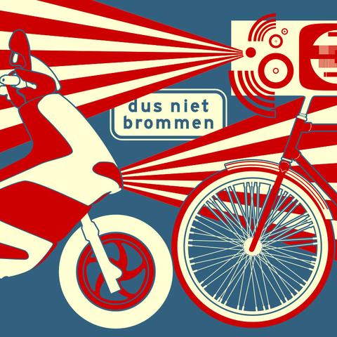 Drawing for Volle Band with a bicycle and a scooter. The text 'dus niet brommen' is a Dutch traffic sign which signifies that scooters are not allowed on that bicycle lane. It also was the name of the performance this image was designed for.