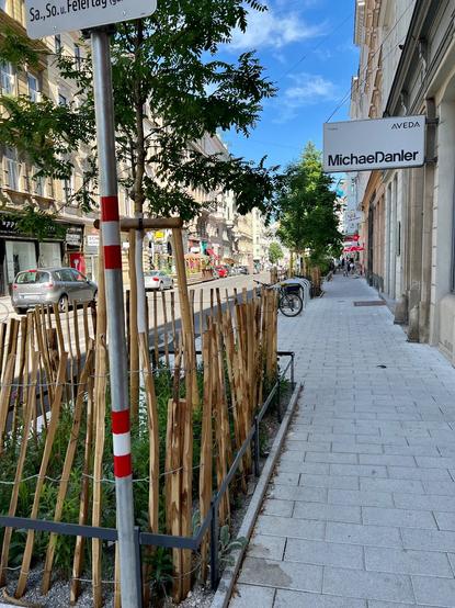 Gepflasterter Gehsteig mit neuen Bäumen und Grünflächen