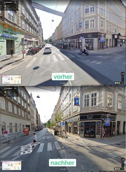vorher-nachher Vergleich Burggasse zwischen Neubaugasse und Ruth-Klüger-Platz
