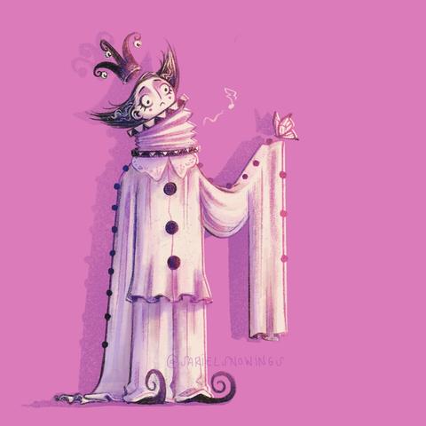 A digital drawing in pink tones of a little white clown character. They're wearing a Jester crown and white, flowy clothes with ridiculously long floppy sleeves. Their neck-ruff is an accordion.