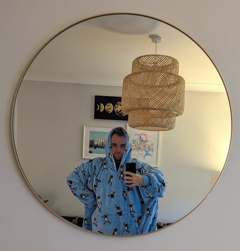 Mirror 'selfie' wearing an oversized blue fluffy Shaun the sheep wearable blanket thing