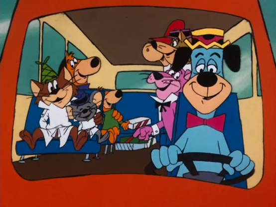 Bunch of Hanna Barbera characters in a bus.