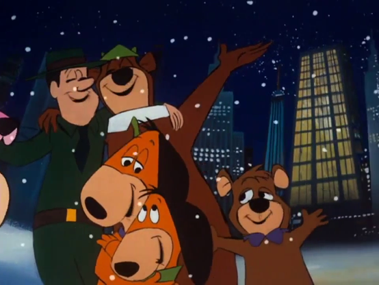 Yogi, Boo-Boo, Ranger Smith, Augie Doggie, Daddy Doggy in snowy cityscape.