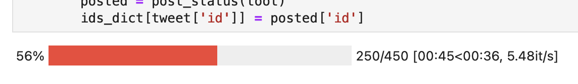 Screenshot of a jupyter notebook with a progress bar stuck at 56%. It's red to indicate there was an error. 250 of 450 5.48 iterations per second.
