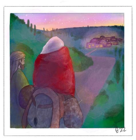 Illustration of Mary and Joseph on their journey to Bethlehem. Pictured from behind, Joseph is walking and wearing a green robe and brown headdress. Mary is riding a donkey and is wrapped in a red blanket. Along their path, nestled distantly in the hills lies Bethlehem, its windows glowing with light. The sky is painted with a sunset.