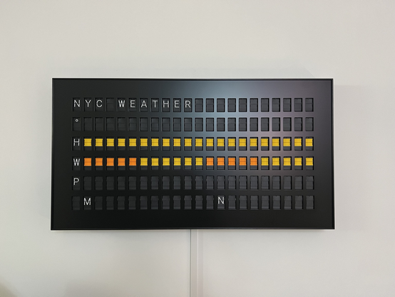 A vestaboard split flap display with NYC weather, showing a row of black characters for the temperature because it’s cold AF outside, a black row for precipitation because it’s not raining in the next day, yellow for moderate humidity, and orange/yellow for wind because it’s still quite breezy out.