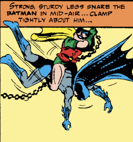 Golden Age Batman is caught in mid-air as Robin swings by chain and wraps his legs around his waist. Narration: “STRONG, STURDY LEGS SNARE THE BATMAN IN MID-AIR... CLAMP TIGHTLY ABOUT HIM.”