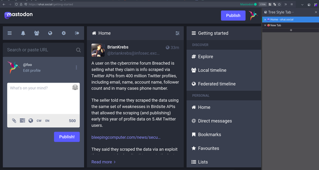 Screenshot of Mastodon open in Firefox, with the Firefox sidebar open, using the "advanced" layout mode of Mastodon