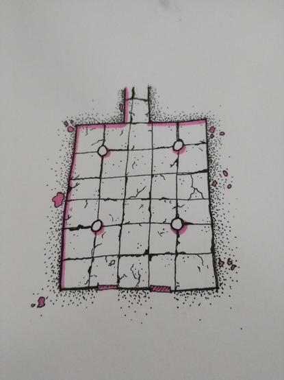 A simple hand drawn overhead view map of a single room in a dungeon.