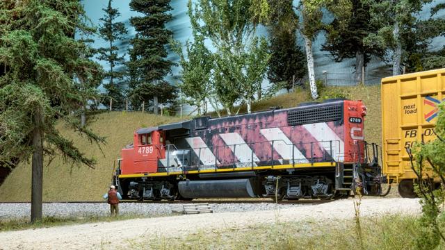A railfan watches a Canadian National train at a grade crossing.