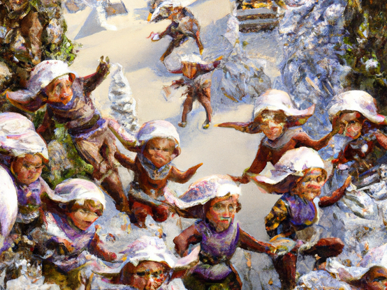 A lot of elves running through a snowy valley.