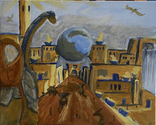 Landscape view of a city enter surmonted by an earth globe. Their is dinosaures all around.