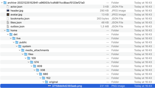 Extracted archive of a mastodon export showing a deep nested folder structure to get to the media files.