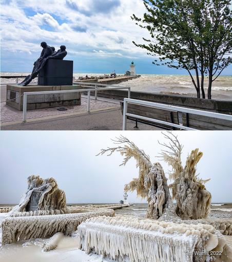 images: Before and after pics captured at the pier. In the After pic, the lighthouse, the monument, the bench, the tree is covered by 6-8" of ice