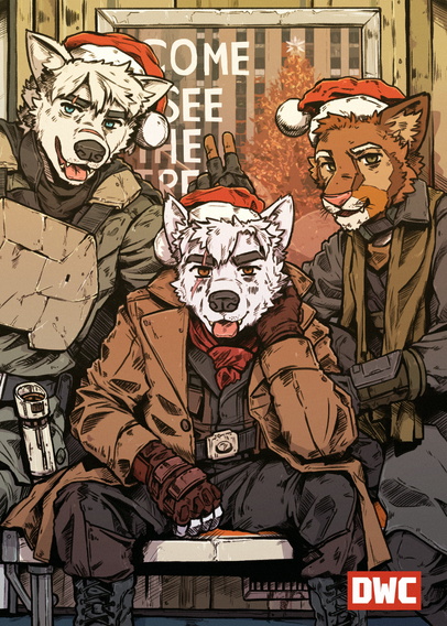 Anthropomorphic characters sit in a sci fi subway posing cutely for the viewer.