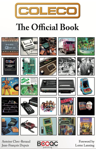 English book cover of 'Coleco - The Official Book' from Antoine Clerc-Renaud and Jean-François Dupios. It is a white cover with a 5x5 grid of 25 accessory and game photos from Coleco.