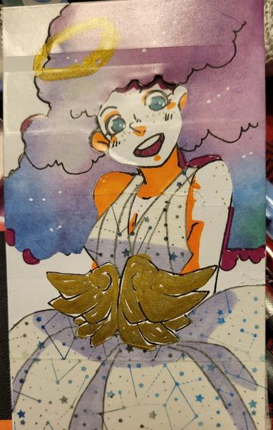 An angelic themed character with big poofy clouds with hair.