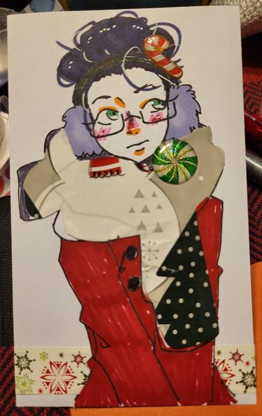A shy character wearing a scarf made from my wrapping paper off a gift. She's Christmas themed.