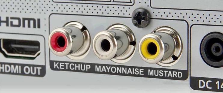 A/V equipment ports labeled ketchup, mayonnaise, and mustard