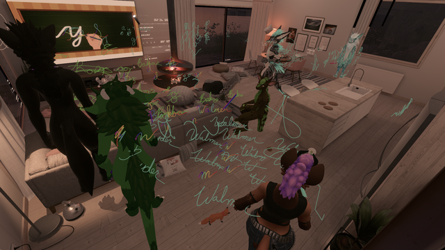 A VRChat picture of numerous furries in a living room with floating cursive handwriting all over the room while everyone argues and practices how to properly write in cursive