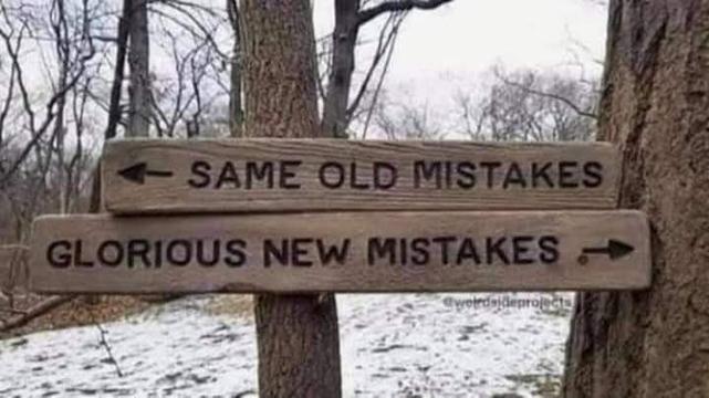 Two directional signs. 
Left arrow:  same old mistakes
Right arrow: glorious new mistakes