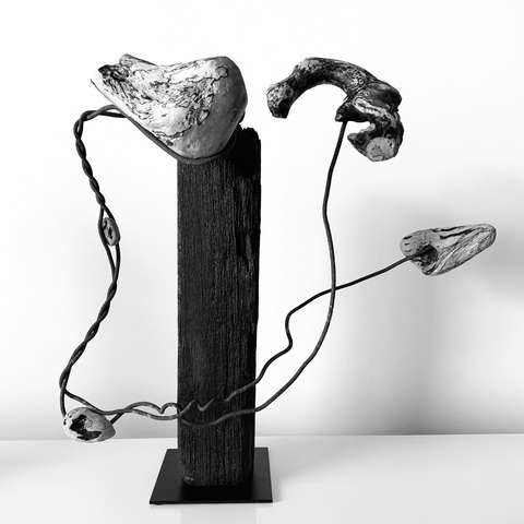 black and white photograph of an abstract sculpture made of driftwood and rusty iron wire.  some pieces of natural colored driftwood are stuck in an irregular helix of wire.  the wire is wound around a central block-shaped black piece of wood, so that the small pieces of wood are trapped like planets in a twisted orbit.  the block of wood stands on a small square plate made of black metal