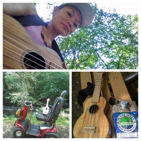 Collage of me playing ukelele, my ukulele & my mobility scooter.