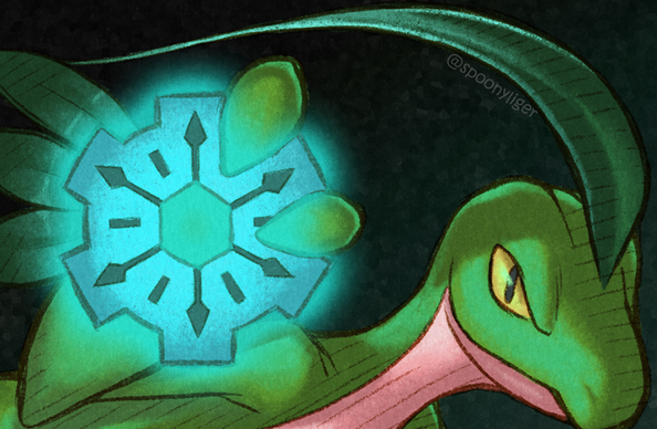 Dynamic horizontal side shot of Grovyle holding up a luminous Time Gear up to the viewer.