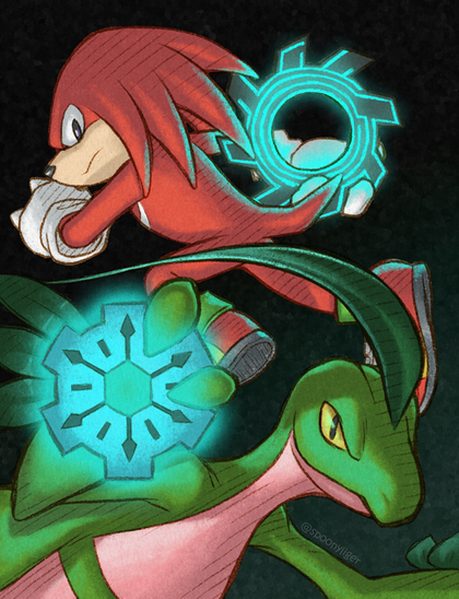From top to bottom, Knuckles in a running pose with a Portal Gear in hand while glancing at Grovyle who in turn is holding up a Time Gear to the viewer.