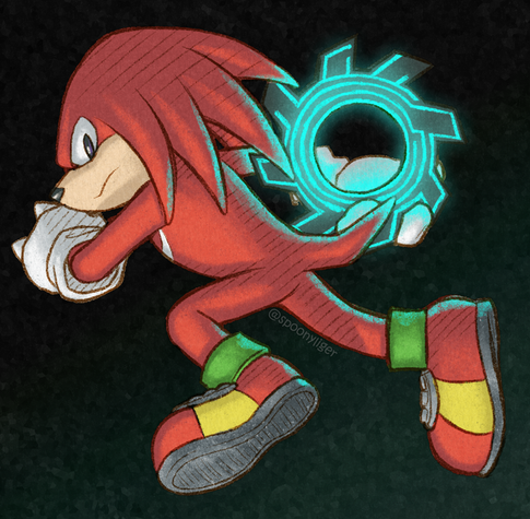 Side-shot of Knuckles in a running pose, glancing at the viewer and clutching a Portal Gear in one hand.