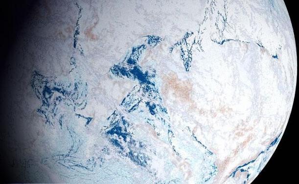 A picture of Snowball Earth shows the globe as it may have looked 100s of millions of years ago, basically covered in ice with some blue sea and patches of earth.